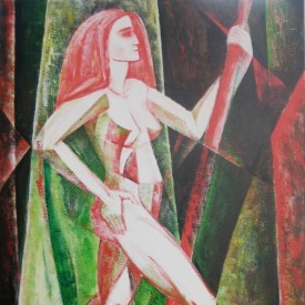 Gemälde in Acryl mit Darstellung einer Frau mit einem Speer